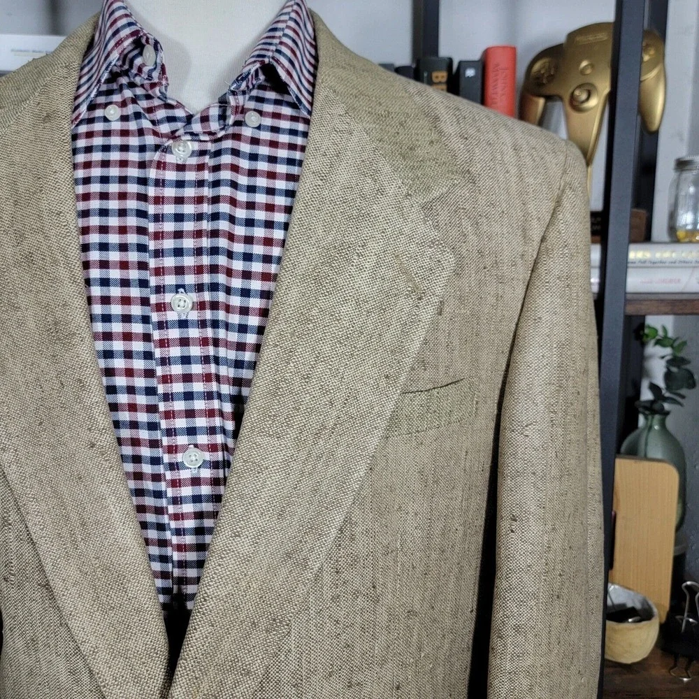 VTG Town Craft Men's Sport Coat Blazer Two Button Dark‎ Beige Silk Size 44L
